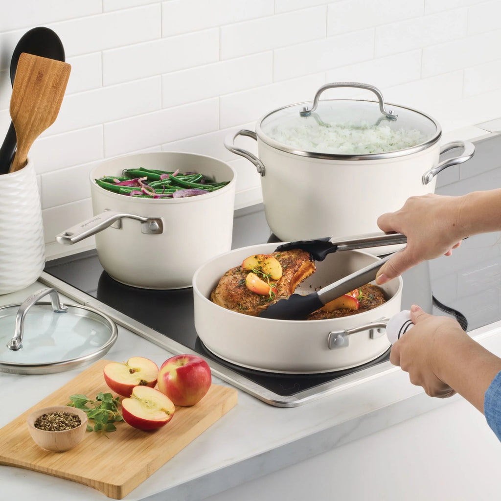 KitchenAid Hard-Anodized 10 Pcs Ceramic Induction Cookware Set, Dishwasher Safe and Oven Safe to 500?��F, Porcelain White