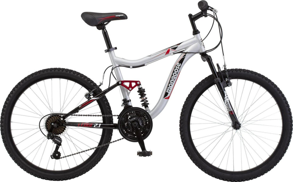 Mongoose Ledge 2.1 Mountain Bike. 24-inch wheels. 21 speeds. boys frame. Silver/Red