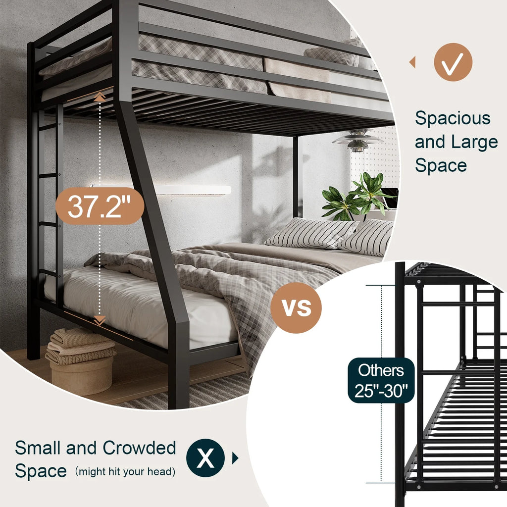 Amolife Twin over Full Size Metal Bunk Bed with Removable Ladder, Full-Length Guardrail, Black