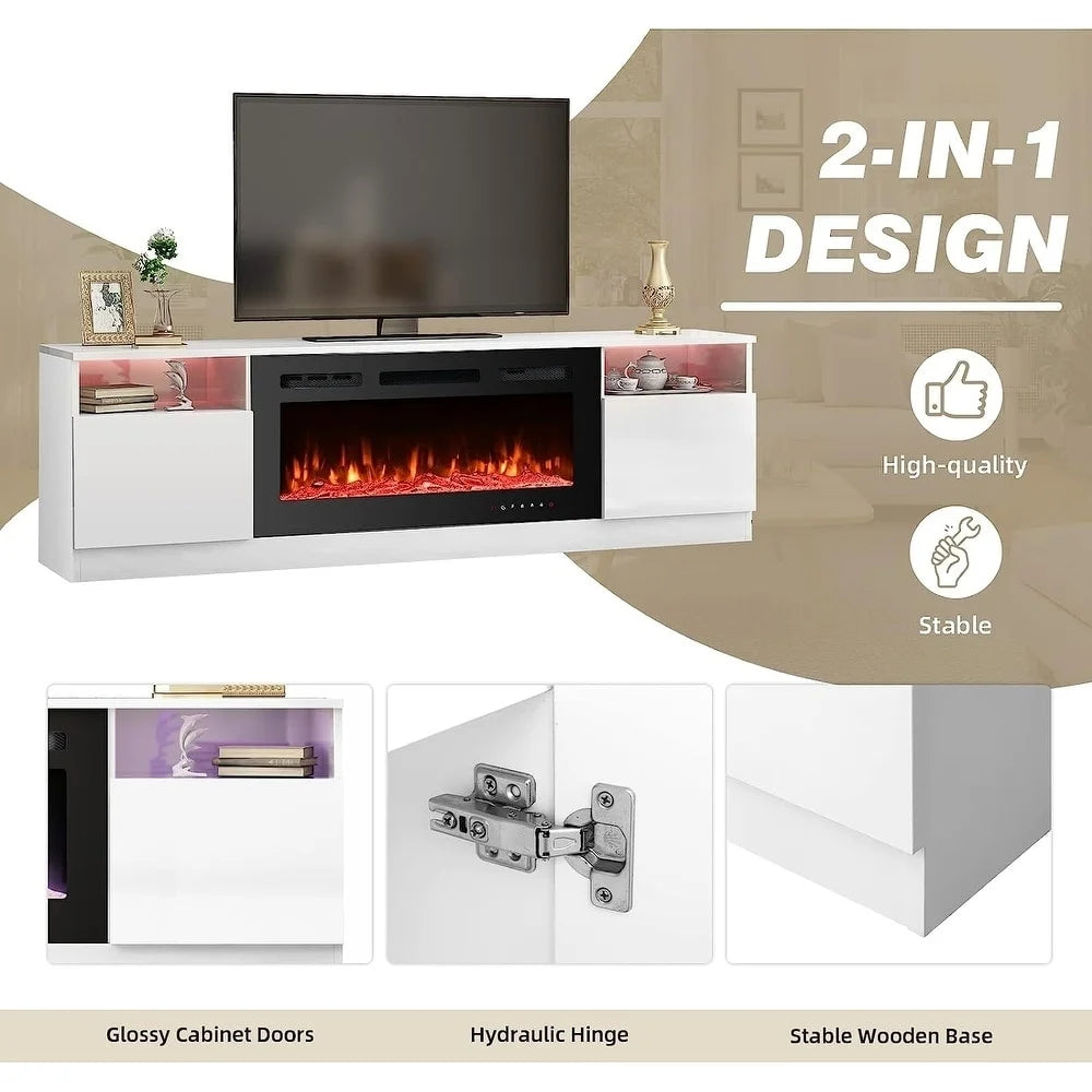 Erommy  70" Fireplace TV Stand with 36" Electric Fireplace White 80''