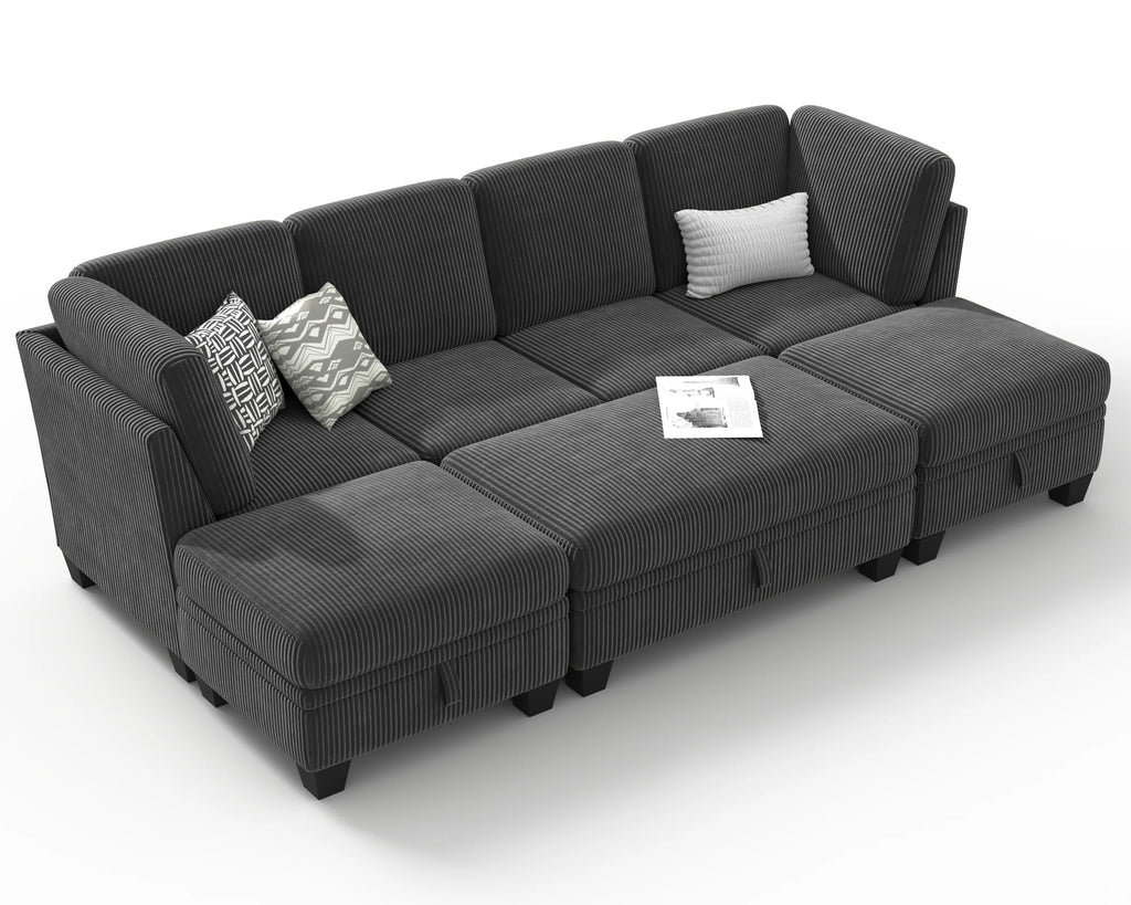 CHIC HOUSE 154.5" Sectional Sofa with Storage Ottoman Chaise, Corduroy U Shaped Sofa Convertible Sectional Couches for Living Room, 12 Seater Corner Modular Sofa with Deep Seat Throw Pillows, Green