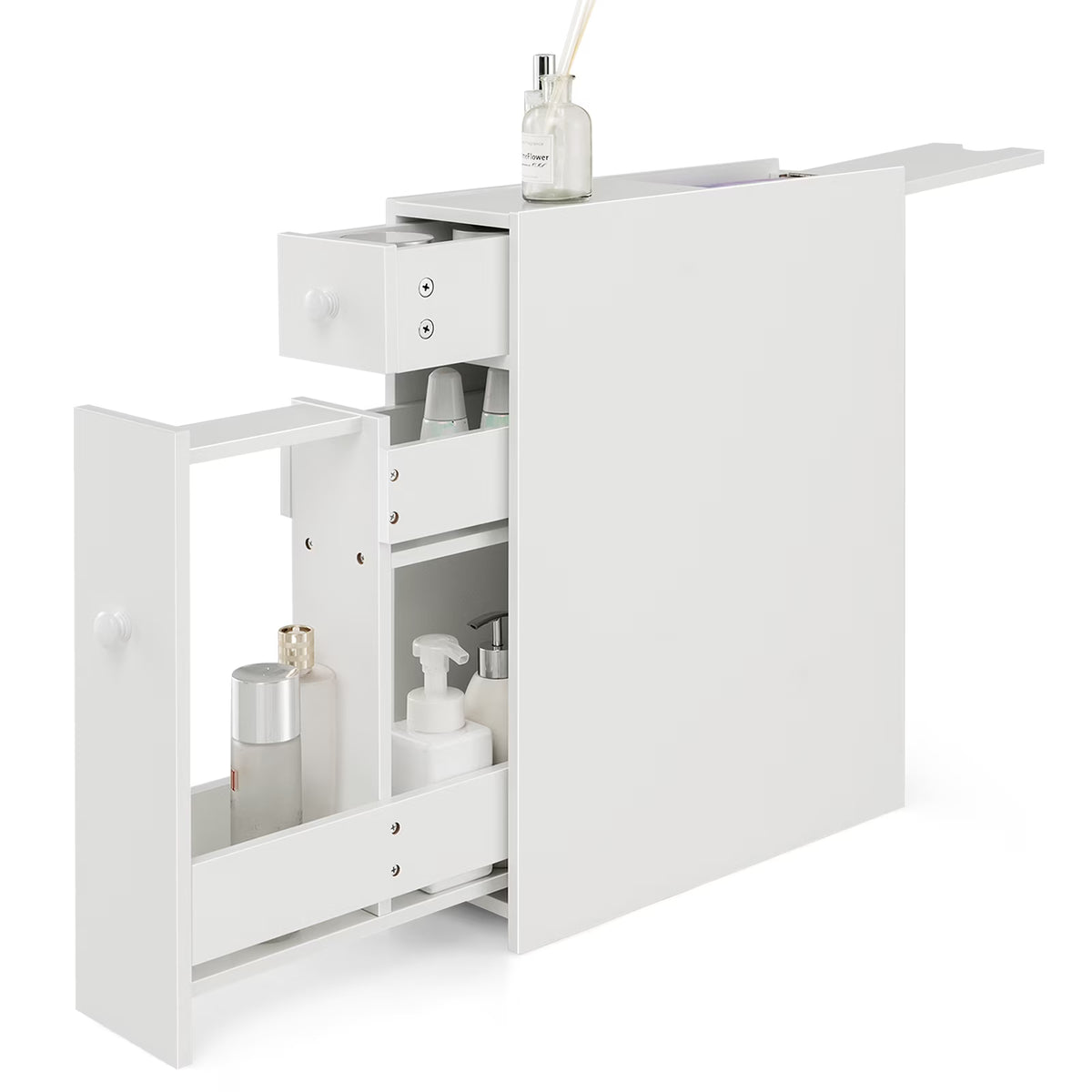 Topbuy Slim Bathroom Storage Cabinet Freestanding Toilet Paper Holder with Slide Out Drawers for Small Spaces White