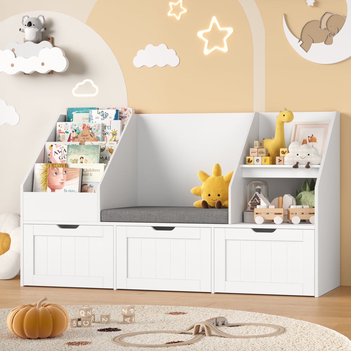 Homfa Kids Bookshelf with Reading Nook & 3 Movable Drawers, 2 Cube Bookcase with 4-Tier Book Racks, Toy Storage Organizer for Playroom Bedroom, White