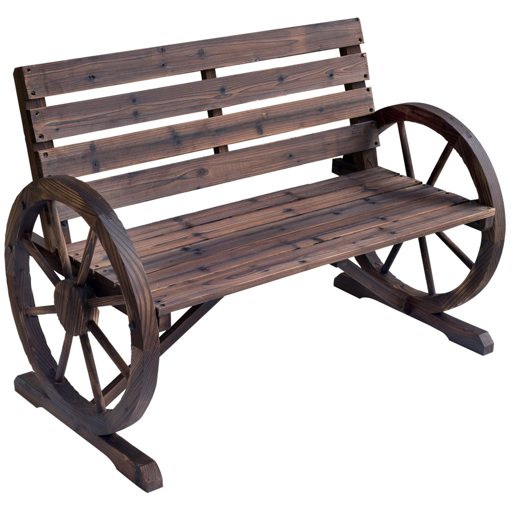 DUOSONG Outsunny 41" Wooden Wagon Wheel Bench, Rustic Outdoor Patio Weather Resistance Furniture, 2-Person Slatted Seat Bench With Backrest, Carbonized Brown Wood Garden & Outdoor Outdoor & Patio
