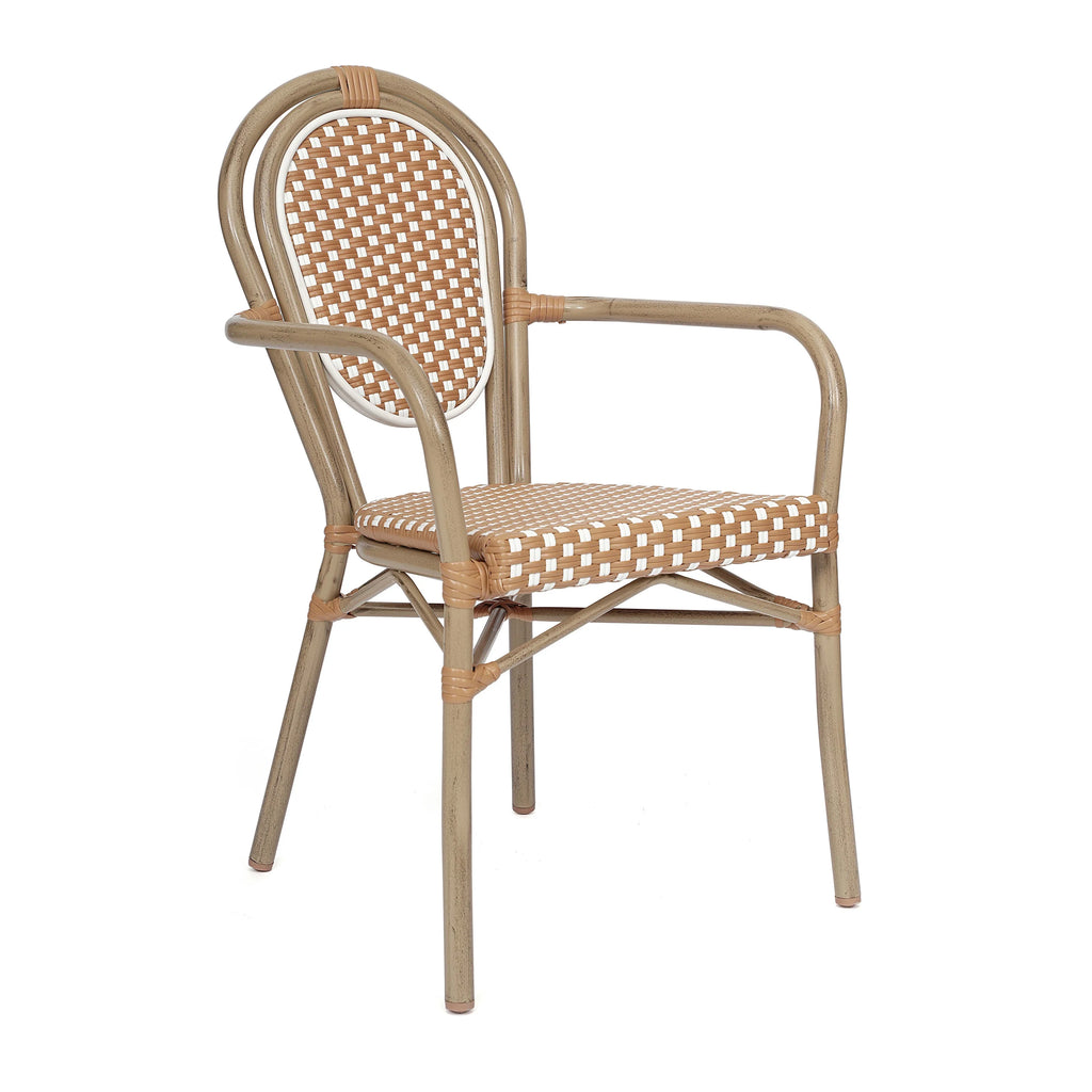 Merrick Lane Stacking Thonet French Bistro Style Chair with Arms, Black & White PE Rattan Seat, and Bamboo Finished Metal Frame for Indoor/Outdoor Use