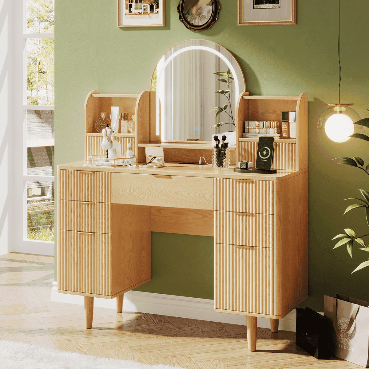UGTOO 45.2" Modern Vanity Desk with LED Mirror & USB Charging, Wood Makeup Dressing Table with 7 Drawers for Bedroom