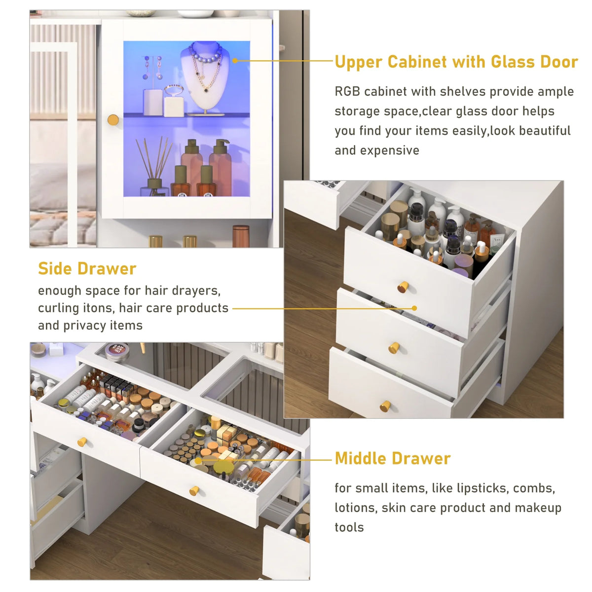 ChVans 62'' Large Vanity Desk with Tempered Glass Top, 60000-color LED Lights, Charging Station, White Makeup Vanity with 3 Lights Mode LED Mirror, 9 Drawers, 2 RGB cabinets for Women, Girls Gift