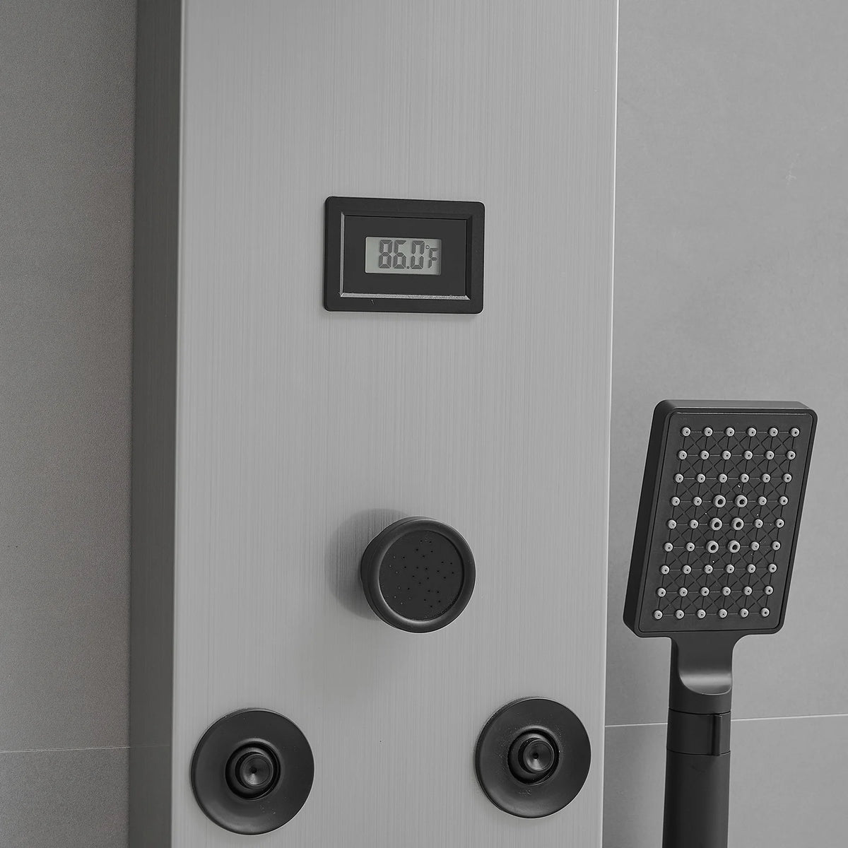 8-Jet Rainfall Shower Panel System with Rainfall Waterfall Shower Head and Shower Wand in chrome Nickel