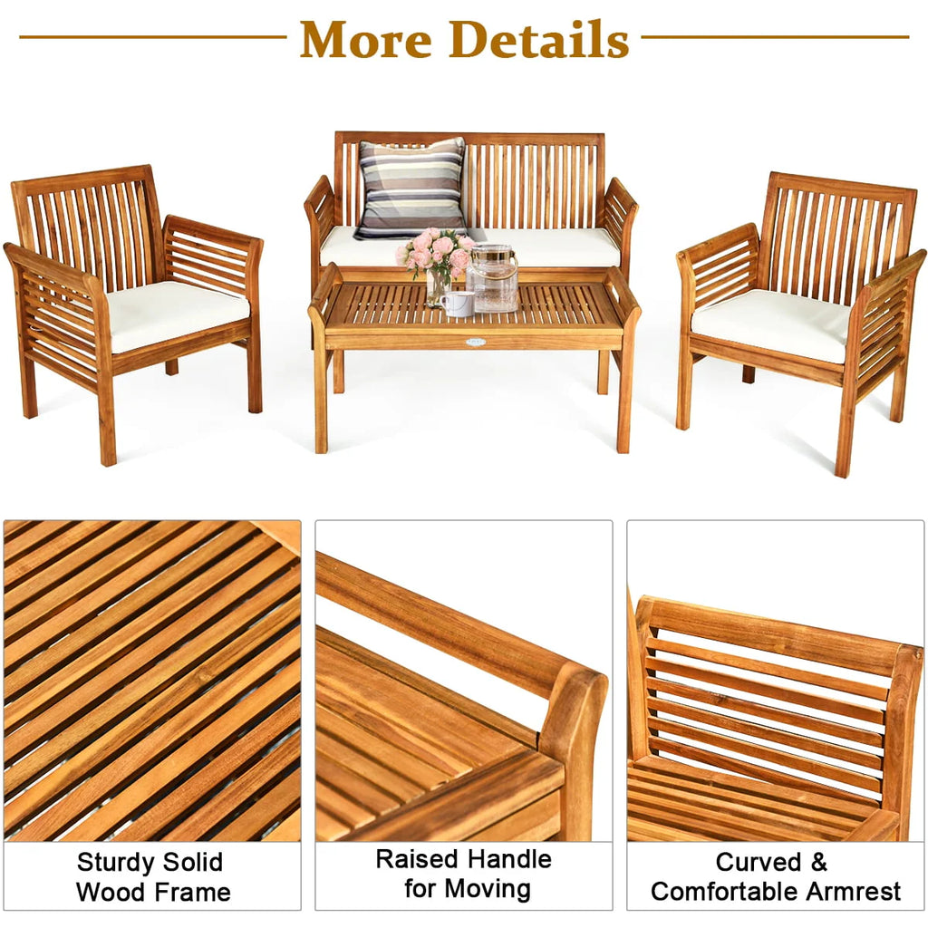 Costway 4 PCS Outdoor Acacia Wood Sofa Furniture Set Cushioned Chair Coffee Table Garden