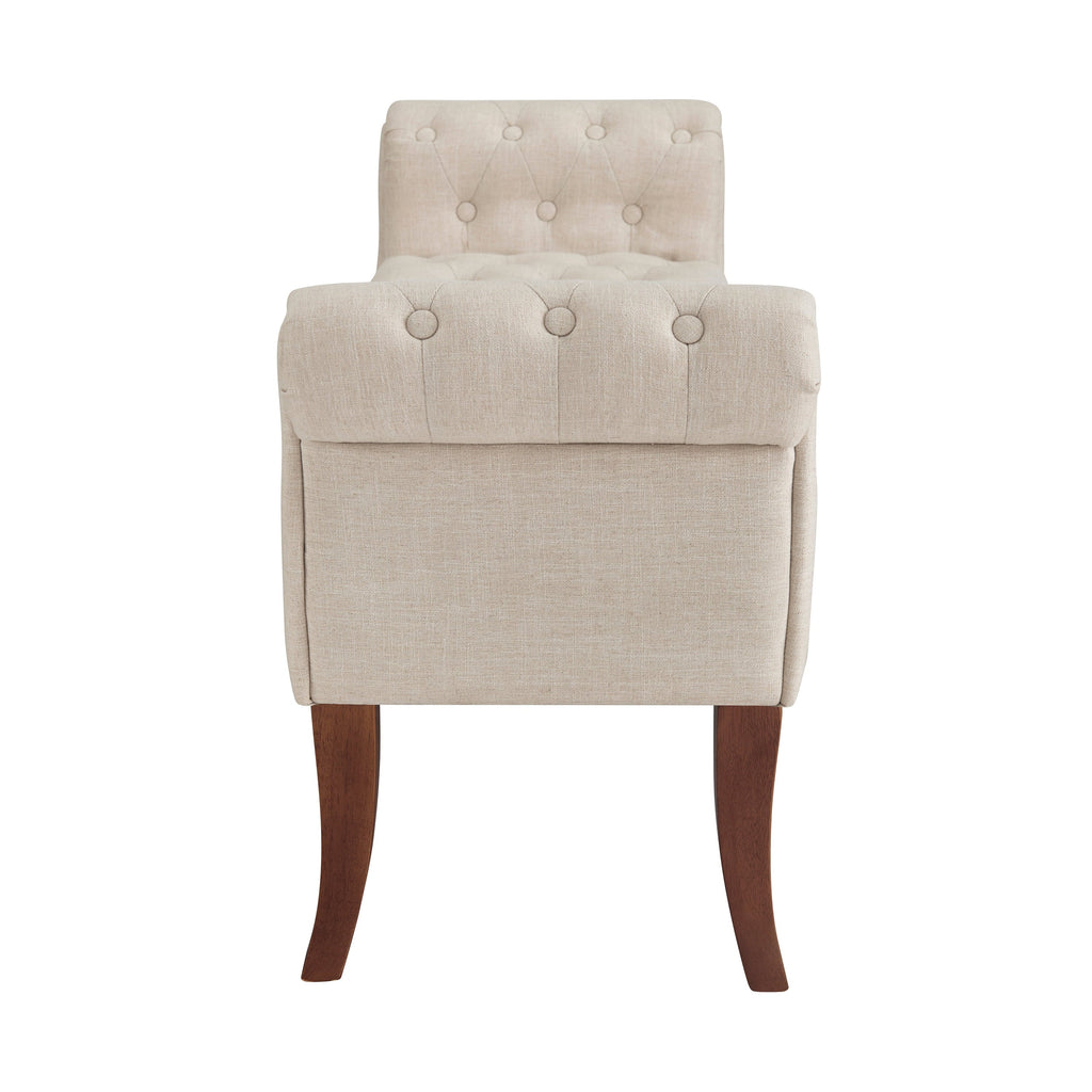 Linon Menlo Rolled Arm Button Tufted Bench, Dark Walnut Finish with Natural Fabric