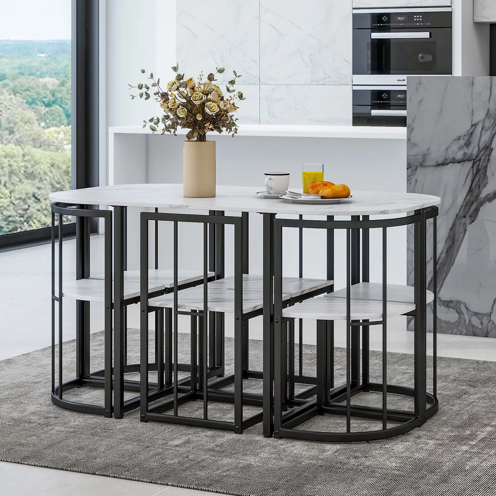7-Piece Dining Table Set with 6Stools - Industrial Compact Kitchen Table & Chairs Sets, Space-Saving Design for Apartment, Small Space, Breakfast Nook