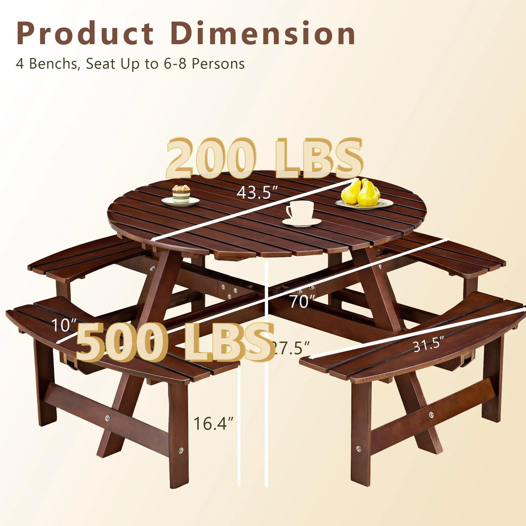 8 Person Wood Picnic Table, Outdoor Round Picnic Table with 4 Built-in Benches, Umbrella Hole, Outside Table and Bench Set for Patio, Backyard, 500lbs Capacity Per Bench