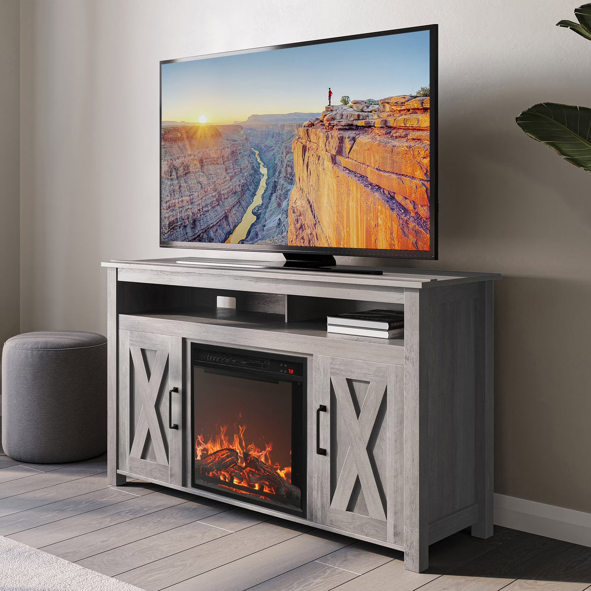 BELLEZE 58 Inch TV Stand, Contemporary Entertainment Center for TVs up to 65", Wood Media Console Table with Two Open Shelves and Barn Door Cabinets - Corin (White)