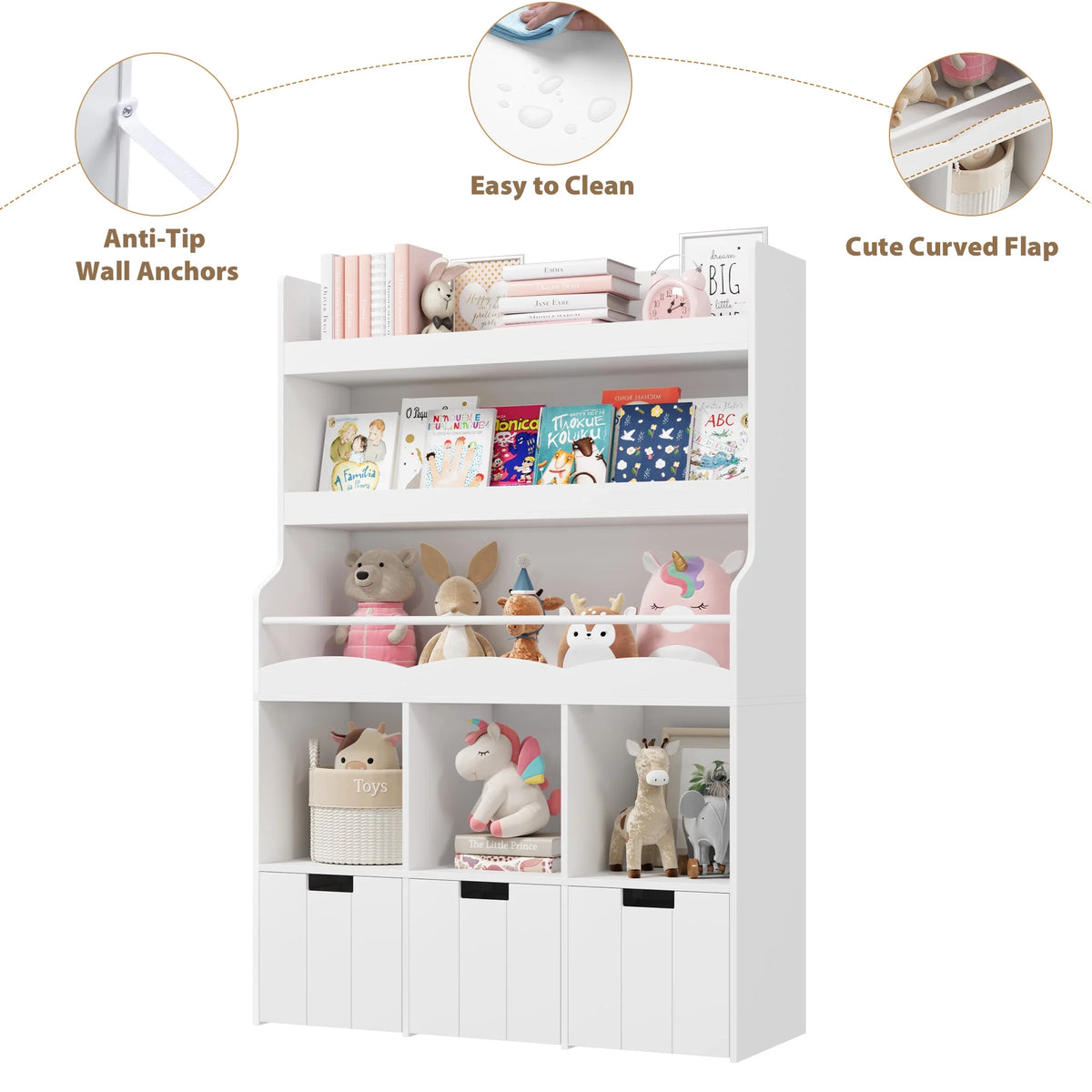 Homfa 55.5�� H Kids Bookshelf with 2-Tier Book Shelves, Children Toy Organizer with 3 Cubes and Removable Drawers, White