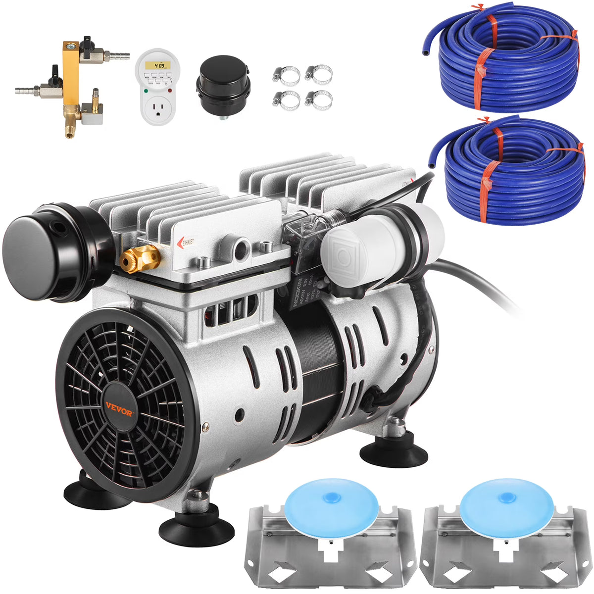 VEVOR Pond Aerator,550W Power, 5.2CFM for Up to 3 Acre 50' Lake,Pond Aeration Kit Includes 3/4 HP Compressor & 2 100' Weighted Tubings & 2 Diffusers,Air Compressor for Deep Water Oxygen Circulation