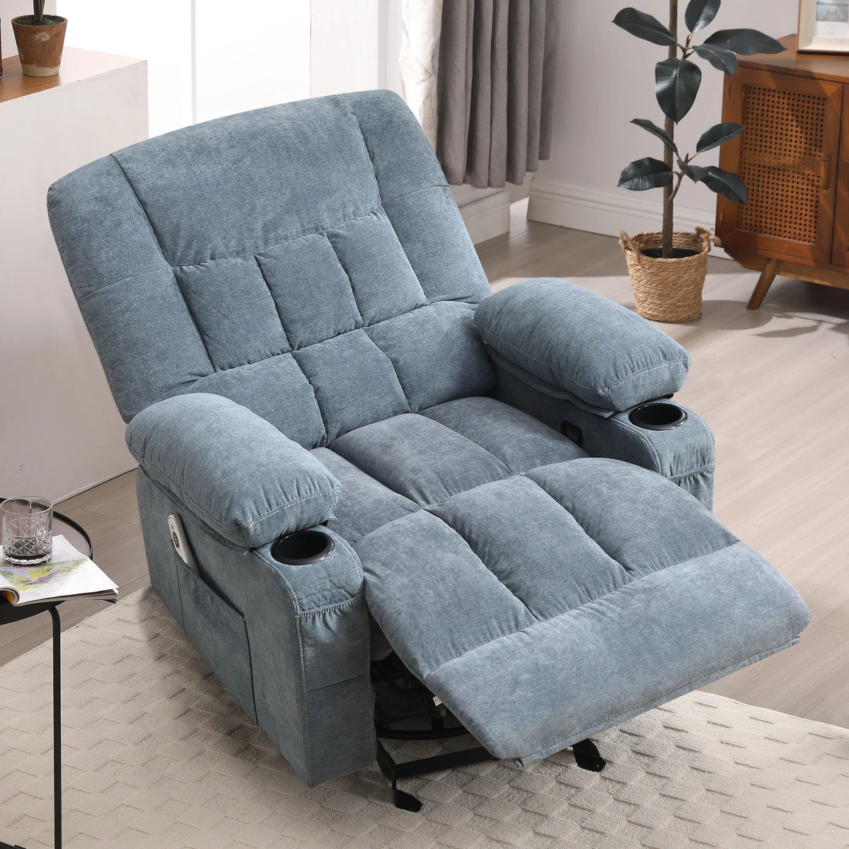 JONPONY Manual Recliner Chair with Heat Therapy and Massage Function, Heavy Duty Reclining Mechanism Massage Chair, Elderly Single Rocker Sofa with Cup Holders for Bedroom Home Theater,Blue