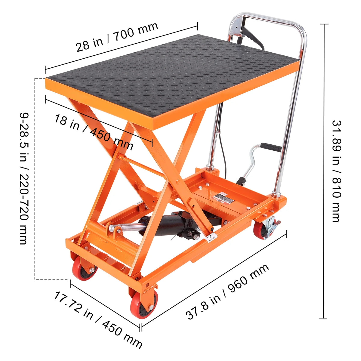VEVOR Hydraulic Lift Table Cart, 500lbs Capacity 28.5" Lifting Height, Manual Single Scissor Lift Table with 4 Wheels and Non-slip Pad, Hydraulic Scissor Cart for Material Handling, Orange