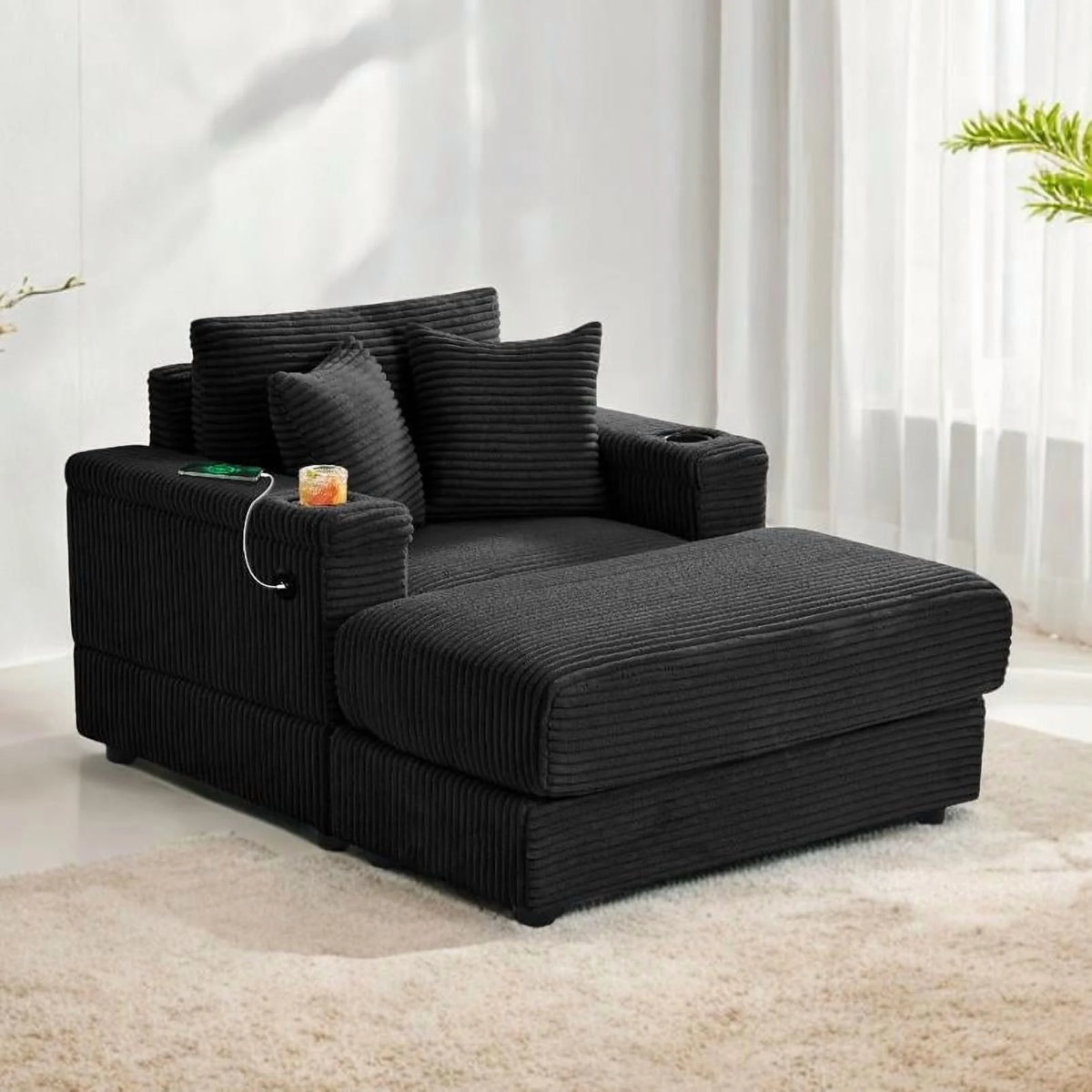 Wiilayok Oversized Lounge Chair Indoor,54" Corduroy Cloud Chaise Lounge Couch Indoor with Ottoman,Cup Holder for Living Room,Bedroom,Beige