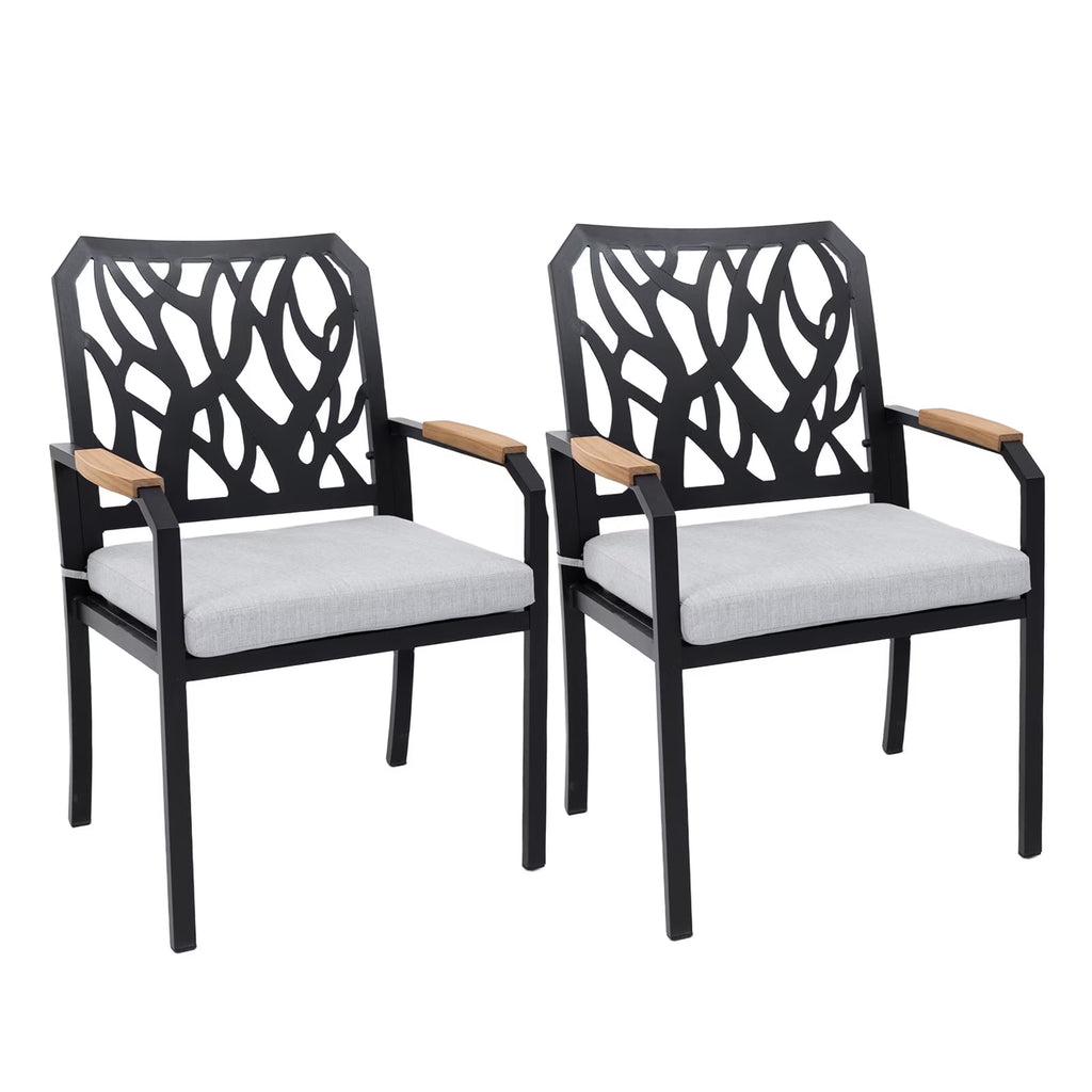 Outdoor Patio K/D Aluminum Stationary Dining Chairs 2PCS with Outdoor-grade Sunbrella Fabric Cushions, Branch-Like Backrest ,FSC-Certified Wood Armrests, Bourbon Brown
