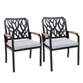 Outdoor Patio K/D Aluminum Stationary Dining Chairs 2PCS with Outdoor-grade Sunbrella Fabric Cushions, Branch-Like Backrest ,FSC-Certified Wood Armrests, Bourbon Brown