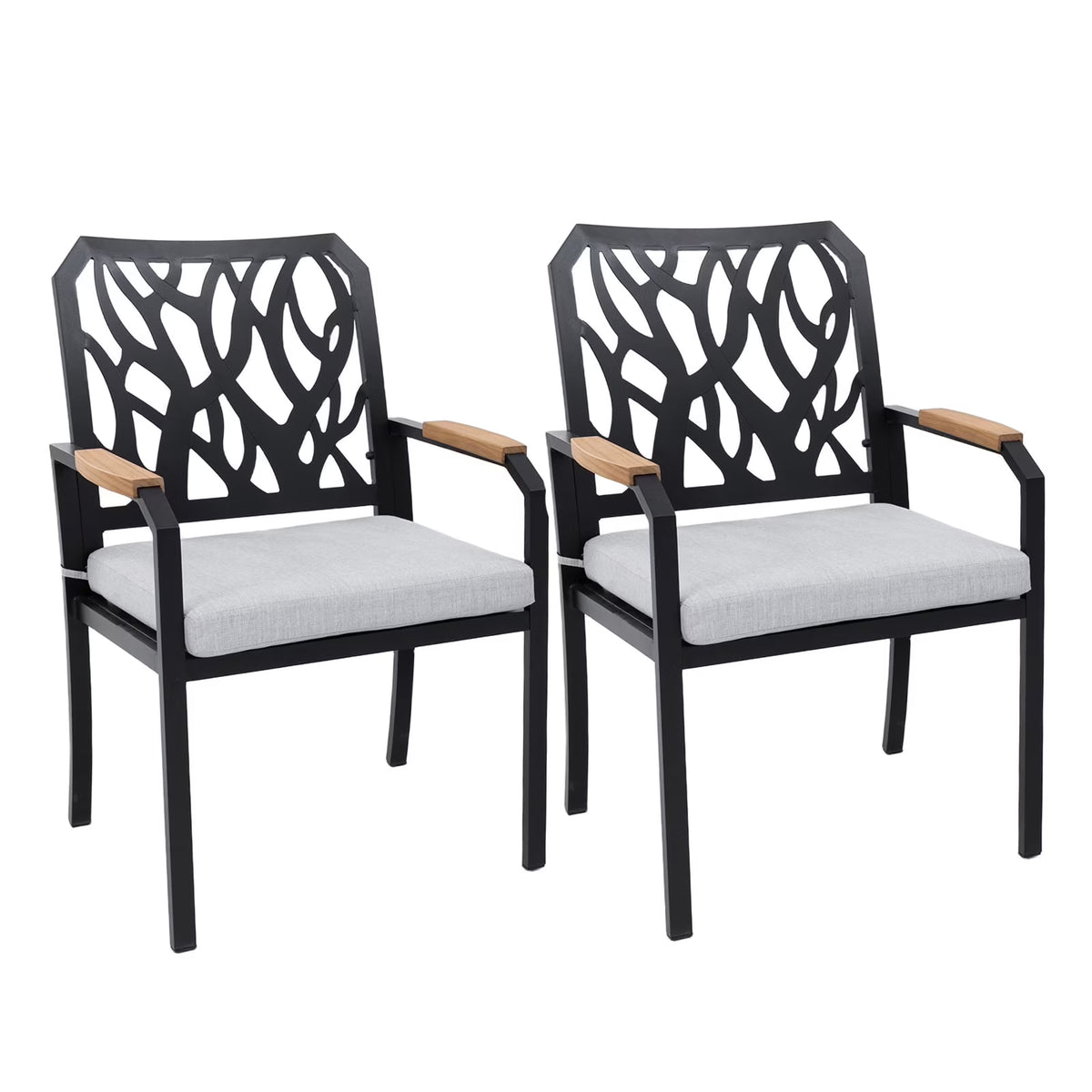 Outdoor Patio K/D Aluminum Stationary Dining Chairs 2PCS with Outdoor-grade Sunbrella Fabric Cushions, Branch-Like Backrest ,FSC-Certified Wood Armrests, Bourbon Brown