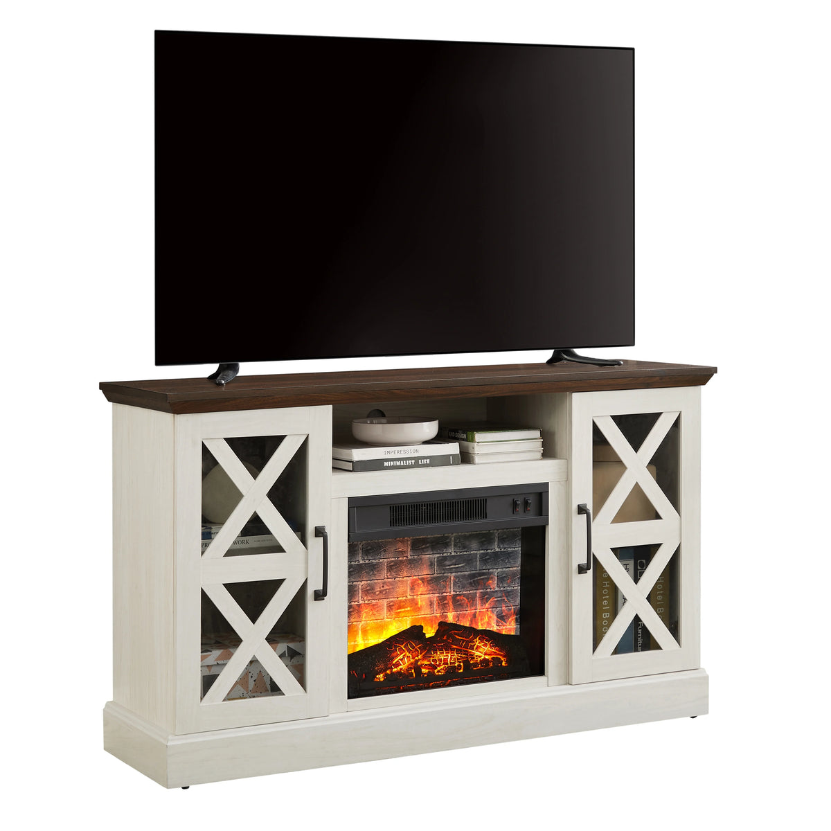 Mainstays Farmhouse Fireplace TV Stand for TVs up to 55", off White/Walnut