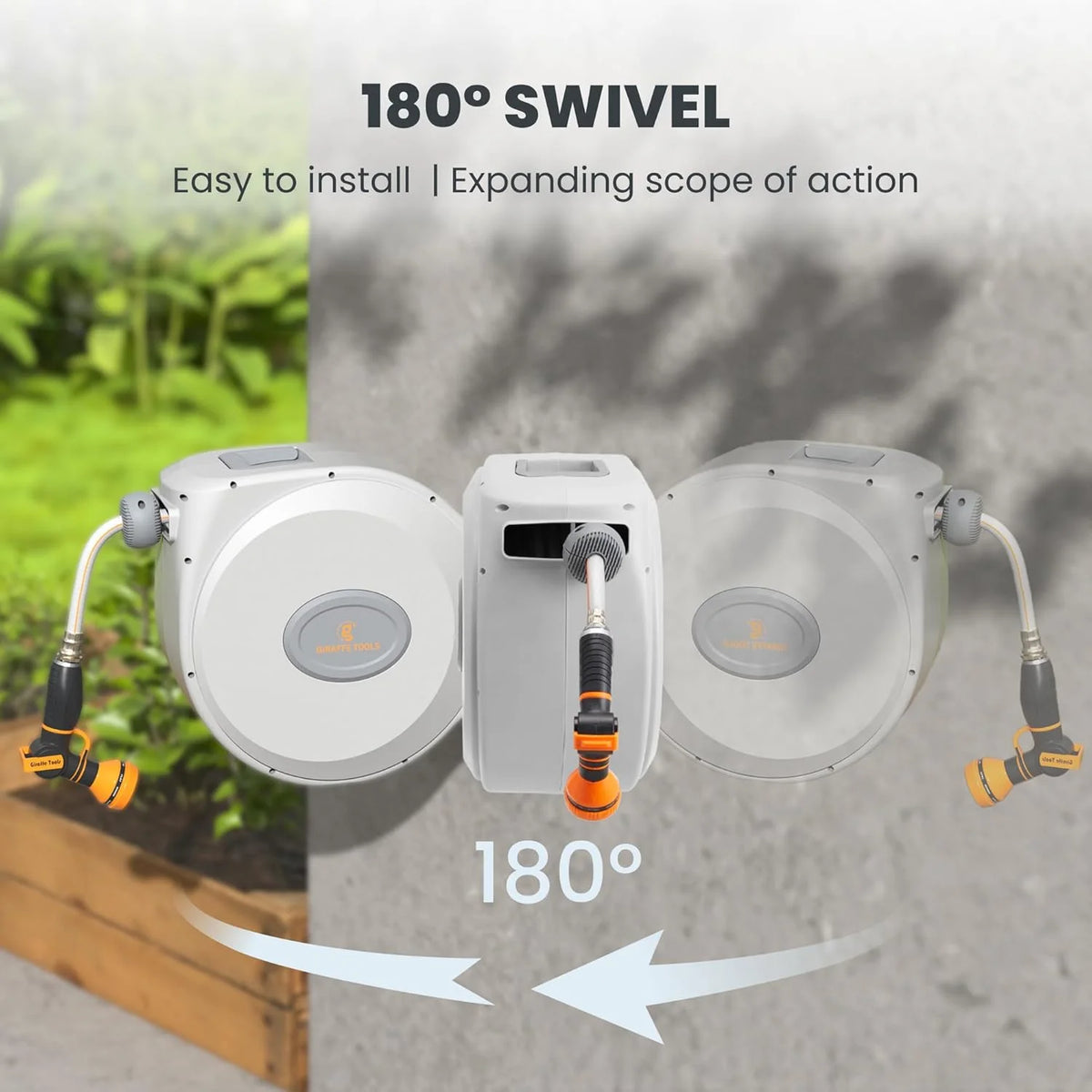 Giraffe Tools Retractable Garden Hose Reel with 1/2in-100ft Water Hose, Plastic Bracket, Wall Mounted, Dark Grey