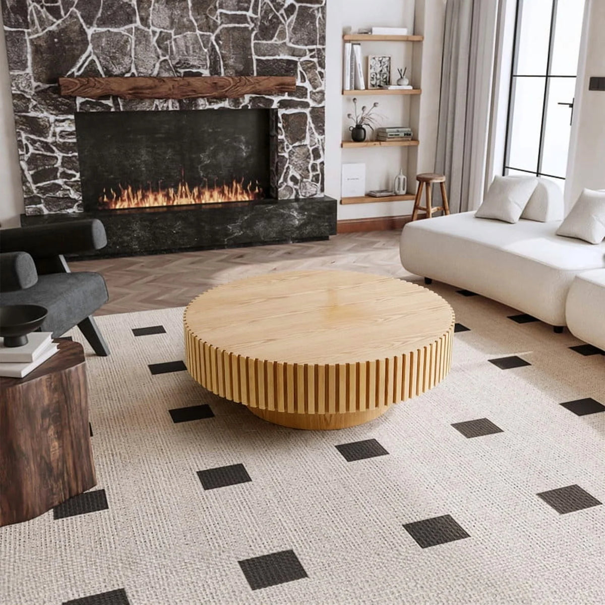 FFH 43.7 inch Oval Coffee Table for Living Room,Handcraft Rustic Corner Coffee Table Nature Wood Relief Sturdy Pedestal for Apartmen,Side Table Centre Table,Nature Wood