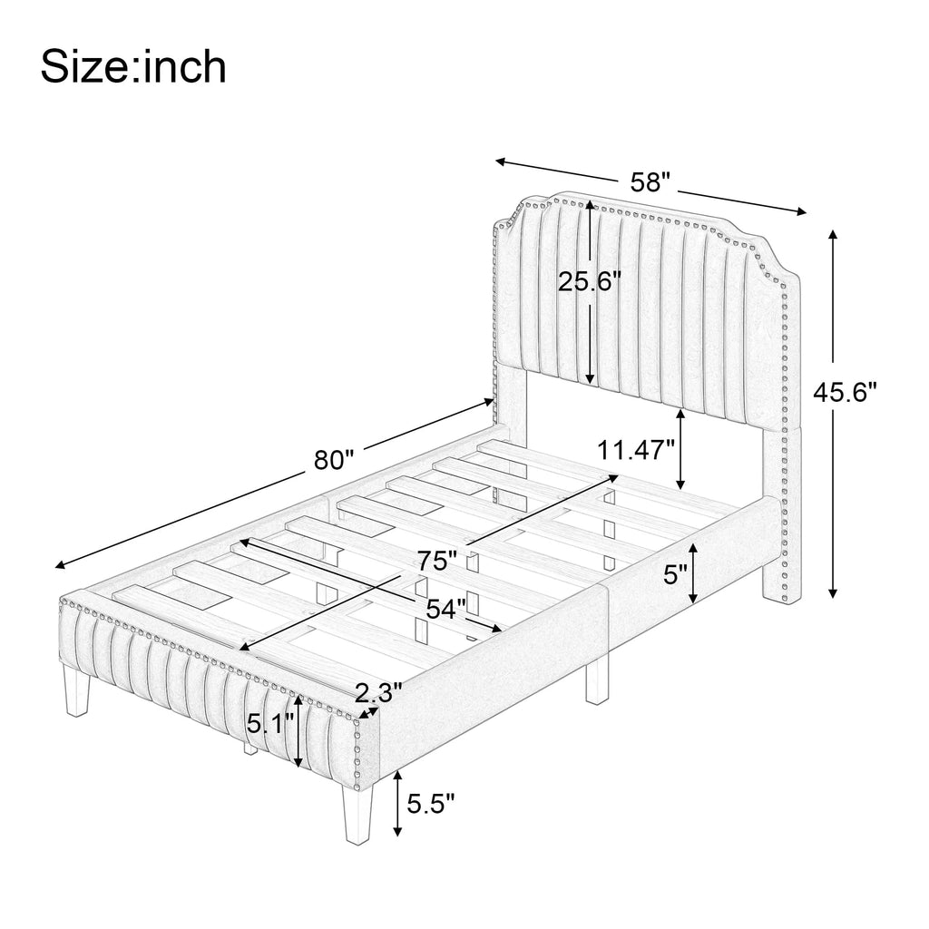 Green Upholstered Platform Bed, Full Size Bed Frame with Solid Wooden Slat Support and Curved Upholstered Wingback Headboard, Heavy Duty Full Bed Mattress Foundation, No Box Spring Required