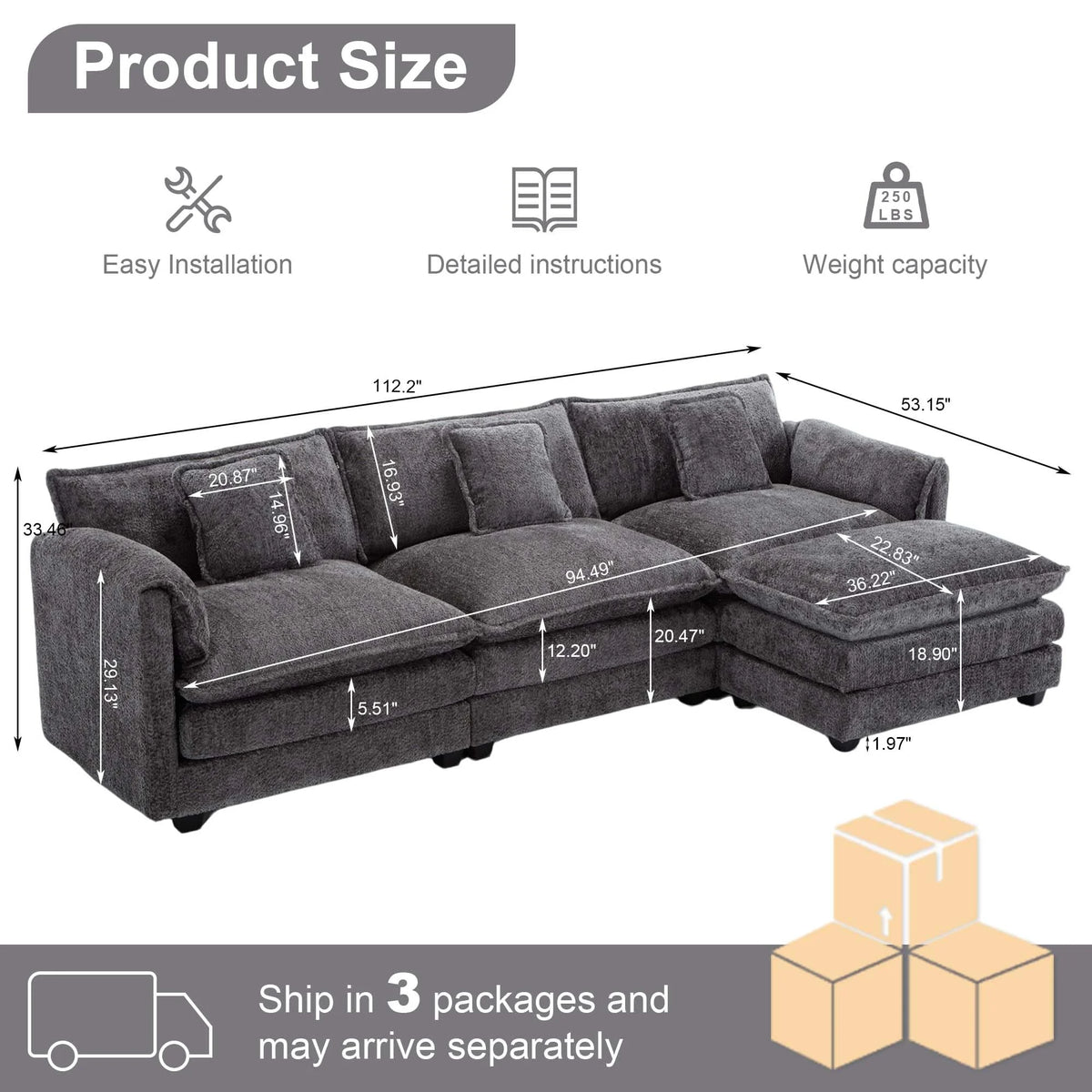 GNIXUU 112" Oversized Sectional Sofa Cloud Couch for Living Room, Modern Chenille L Shaped Couch, Comfy Boucle Modular Sofa Sleeper with Moveable Ottoman & Memory Foam (Green)
