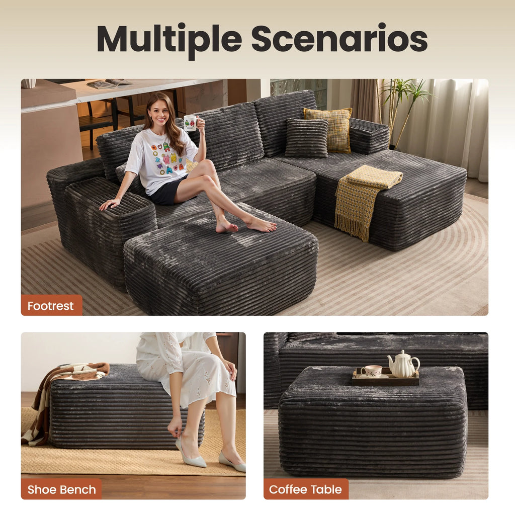 Ovios 106" L-Shaped Sectional Sofa Modern Modular Cloud Couch with Deep Seating Upholstered Sofa for Living Room Bedroom, No Assembly Required, Black(Corduroy)