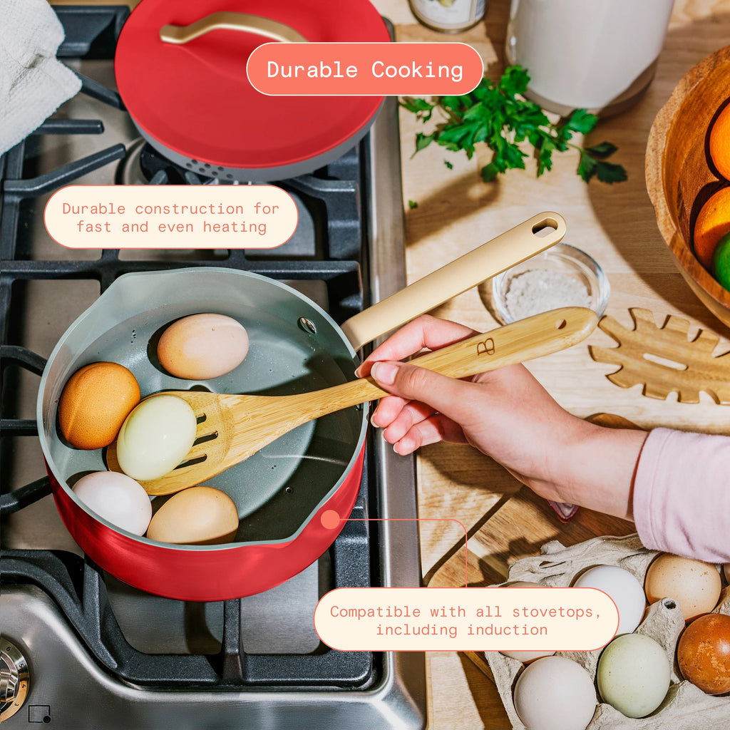 Beautiful 12pc Ceramic Non-Stick Cookware Set with Strainer Lids, White Icing by Drew Barrymore