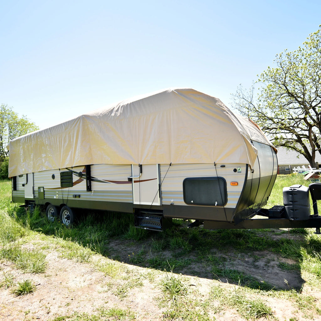 Budge Industries RV Rooftop Cover Fits Multiple RV Classes up to 50' Long (Tan, Polyester), 24' Long x 16' Wide