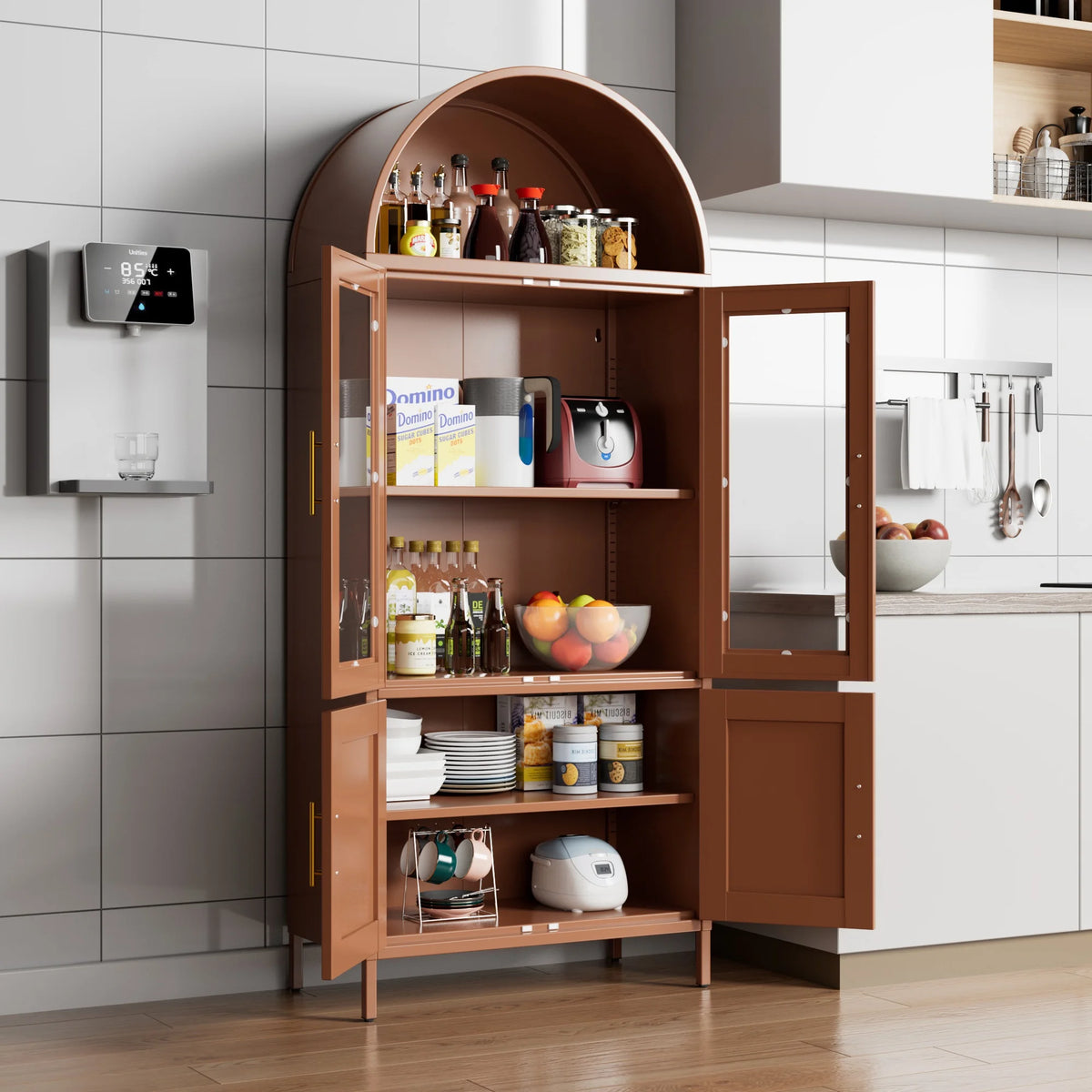SUPEER Metal Arched Storage Display Cabinet with Glass Doors and Adjustable Shelves, Lockable Cabinet, Assembly Required, Black