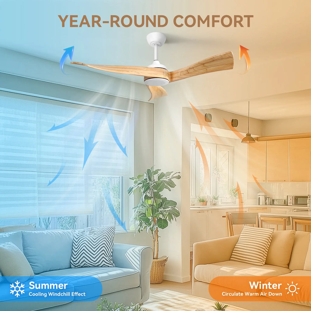 Sofucor 52" Wood Ceiling Fan No Light, 6 Wind Speeds, 3 Blades with Reverse Airflow, Black