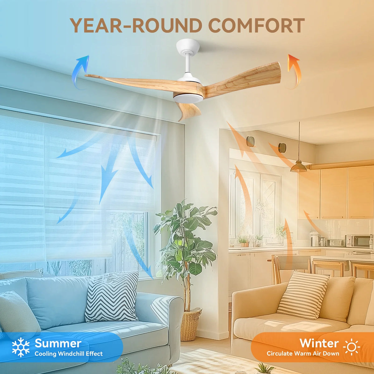 Sofucor 52" Wood Ceiling Fan No Light, 6 Wind Speeds, 3 Blades with Reverse Airflow, Black