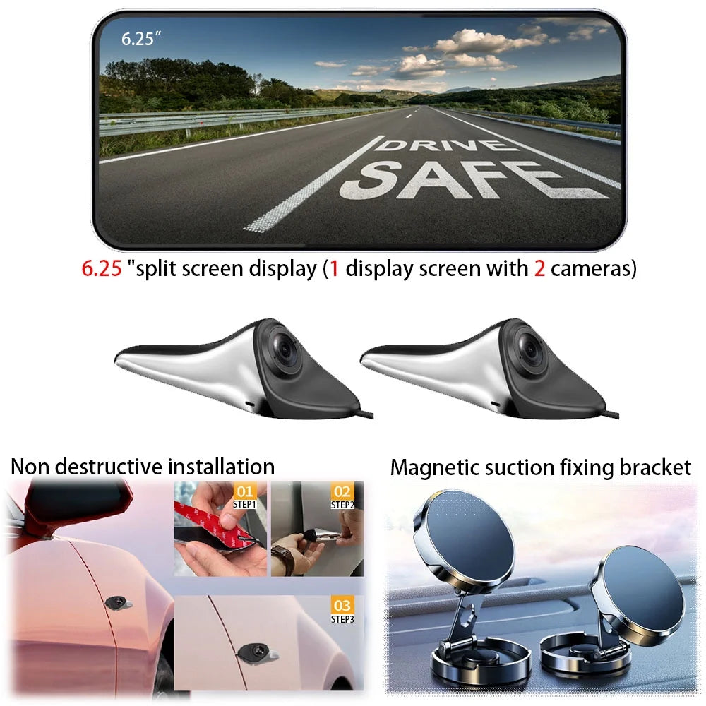 PDZGZ Left and Right Blind spot Side View Backup Camera System for Car with Monitor, Black, 6.25"
