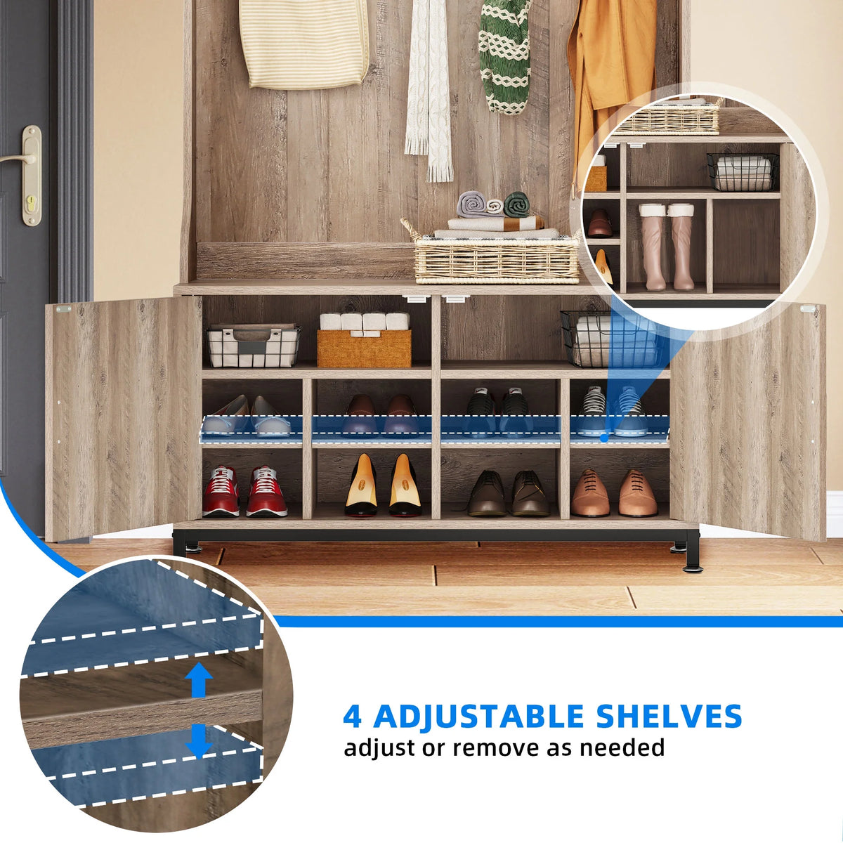Dextrus 4-in-1 Coat Rack with 14 Hooks, Farmhouse Hall Tree with Storage Bench, Coat Hanger, Shoe Cabinet for Hallway, Living Room, White