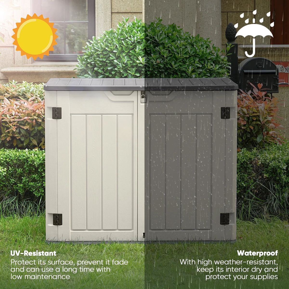 EHHLY Horizontal Resin Storage Shed, 47 Cuft Garden Tool Sheds & Outdoor Storage, Outdoor Plastic Storage Cabinet Waterproof, 4.5 x 2.8 ft Backyard Outside Lawn Mower Storage Shed, Vanilla