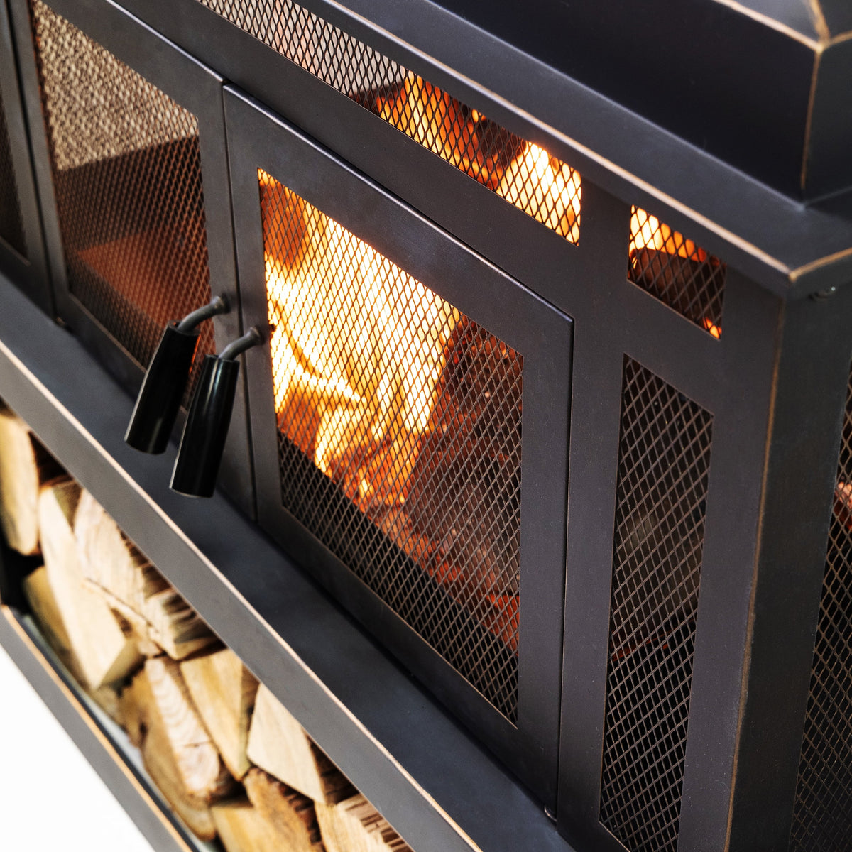 Deko Living 80" x 21.65" Rectangular Wood Metal Fire Pit with Log Storage Compartment & Side Tables