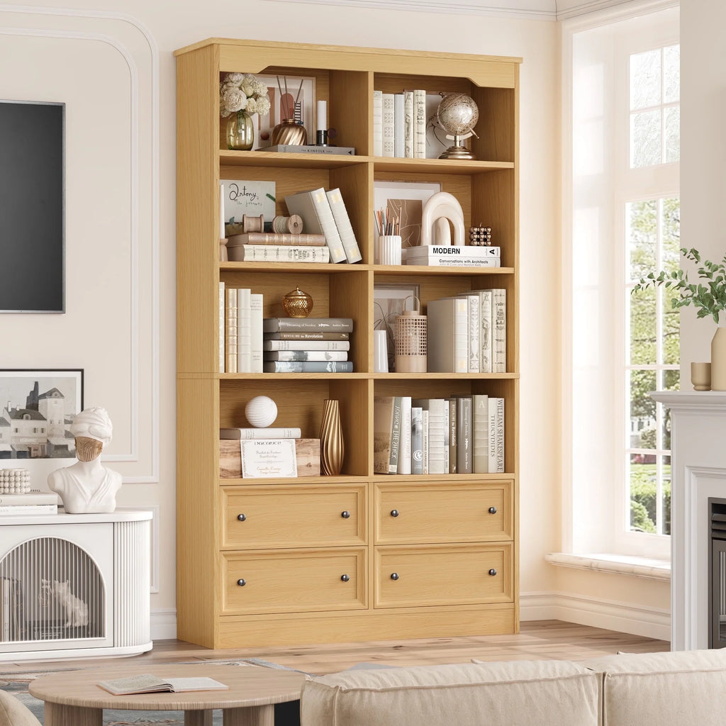 Homfa Double Row 6 Tier Bookcases, 71 in Tall Bookcase Bookshelf with 4 Drawers and 8 Display Cubicles, for Home Office Living Room, White