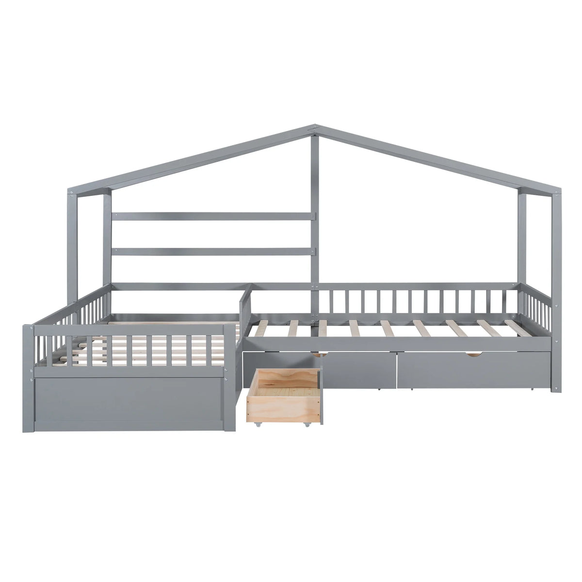 Bellemave House Bed Double Twin Beds, Wood L-Shape Twin Bed with 3 Storage Drawers, Montessori Bed with Roof and Fencefor Toddler Kids Girls Boys (White)