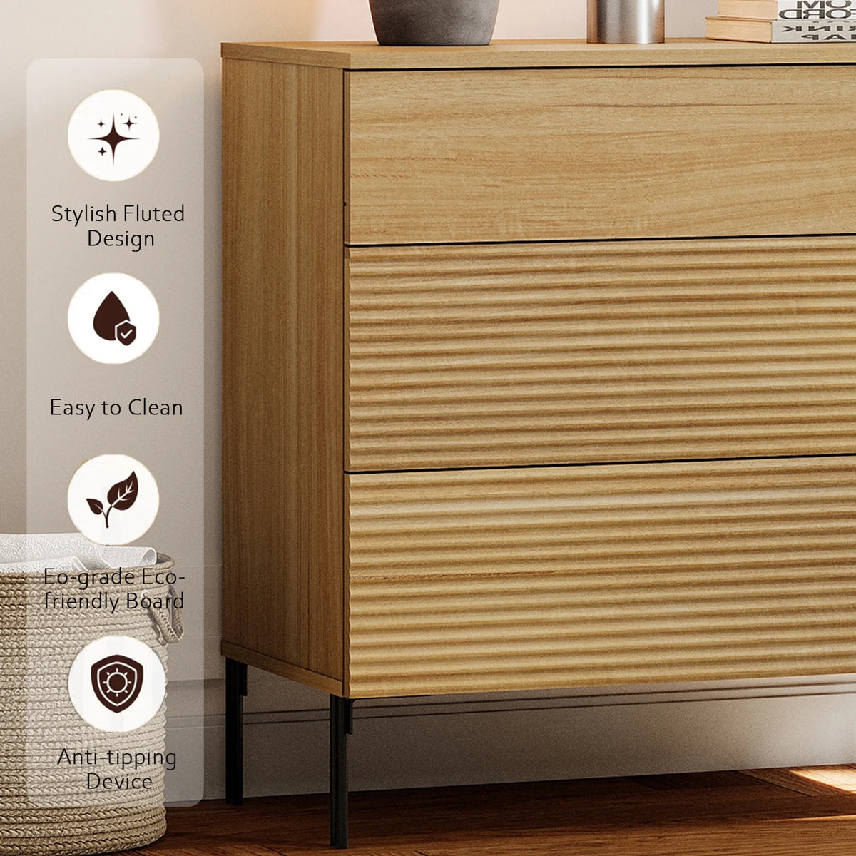 Modern Minimalist Wood Nightstand with 3 Drawers ,31.5" Large End Table,Reeded Design Bedside Table for Bedroom, Living Room,Entryway