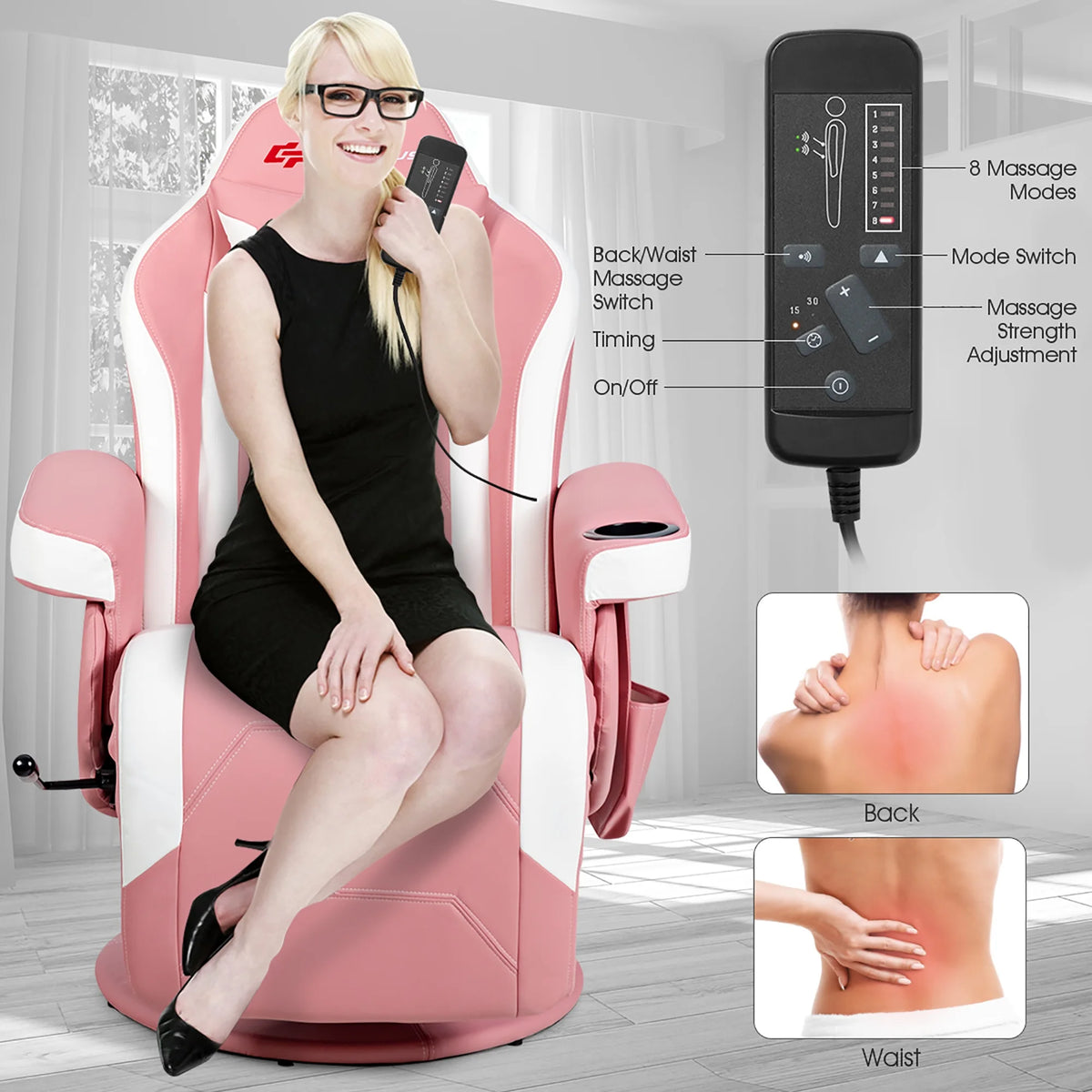 Goplus Massage Gaming Recliner Reclining Racing Chair Swivel Black