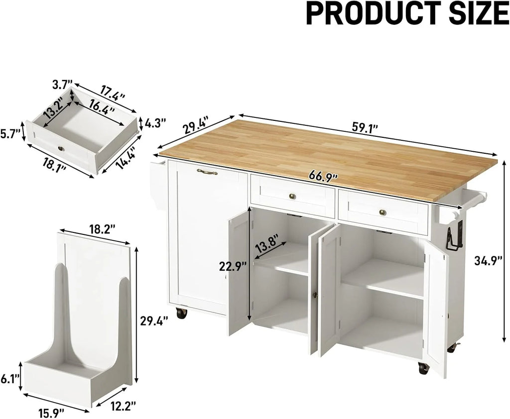 ANPOO 67" Rolling Kitchen Island with Drop Leaf, Tilt Out Kitchen Trash Cabinet 10 Gallon Storage, Kitchen Cart Island with Rubber wood Top, Spice Rack and Drawers