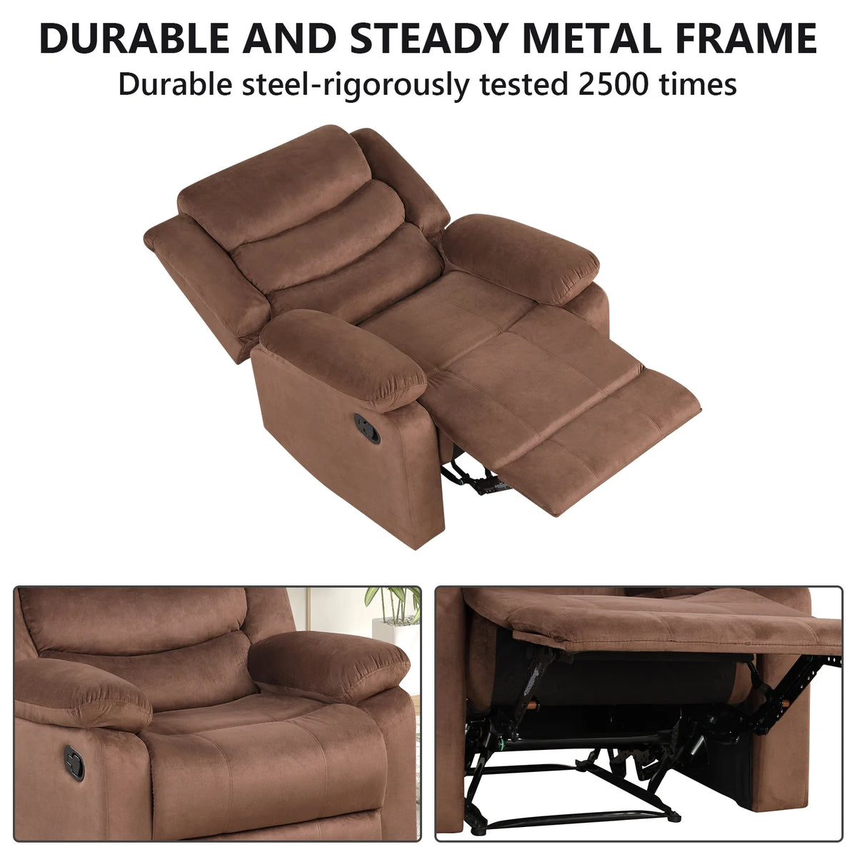 Bonzy Home Recliner Chairs for Living Room Overstuffed Breathable Fabric Reclining Chair Manual Sofa Brown