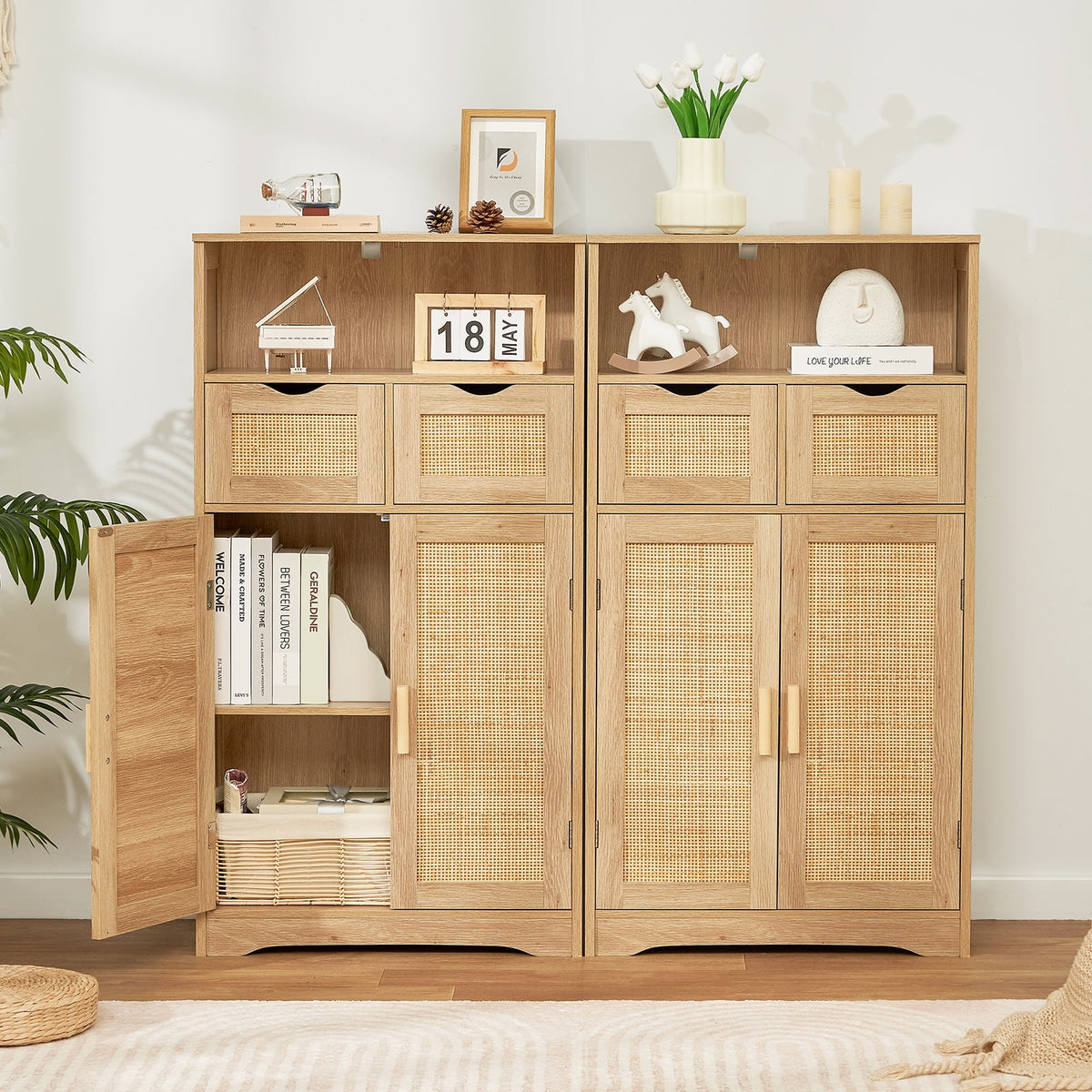 FANGSUM Rattan Storage Cabinet with 2 Drawers & 2 Shelves, Floor Cabinet for Living Room