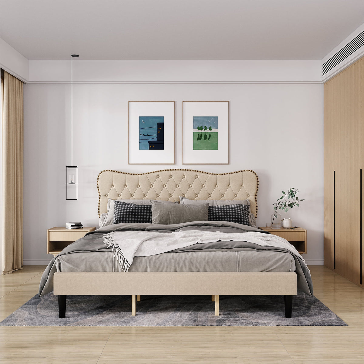 Homhougo King Size Bed Frame Upholstered Platform, Bed Frame with Square Velvet Headboard, Wooden Slats Support, Non-Slip and Noise-Free, No Box Spring Needed, Easy Assembly(Light Gray)