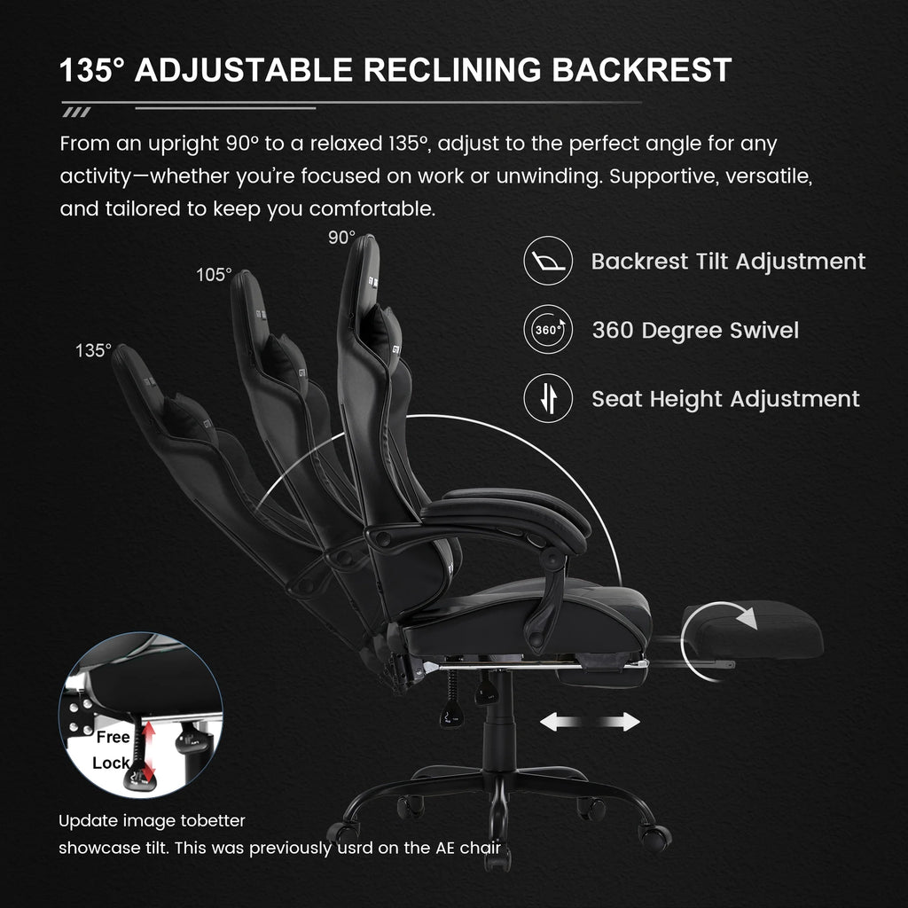 GTRACING GTWD-200 Ergonomic Gaming Chair with Adjustable Pillows and Footrest , White