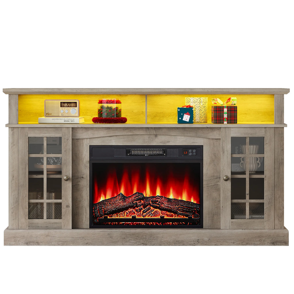 SESSLIFE Fireplace TV Stand for 65 Inch TV, TV Console with 23''Electric Fireplace, Console Entertainment Center Television Table for Living Room or Bedroom, Brown